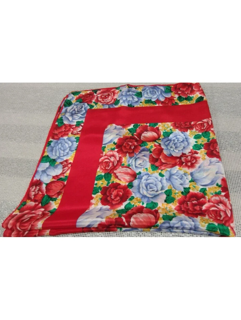 Vintage 100% Pure Silk Scarf Roses Periwinkle Red Tulips Florals Chinese Silk